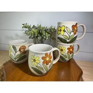 VTG Retro Boho Groovy Floral Mugs Set of 4- Speckled Stoneware- Korea